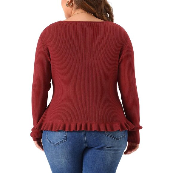 Plus Size Knit Cardigan Long Sleeve Open Front Ruffled Button Casual - Picture 4 of 5